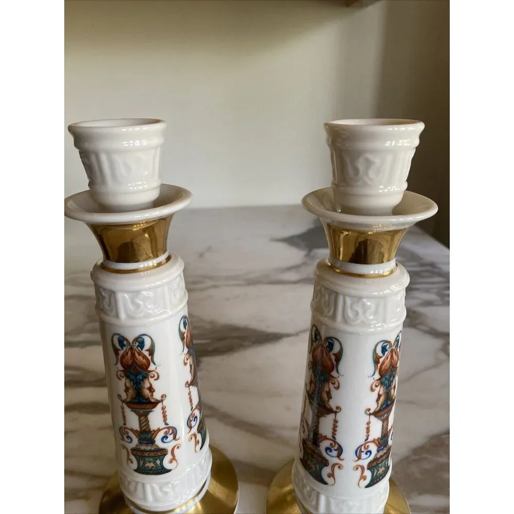 Vintage Ceramic Candle Holders With Gold Accents & Ornate Multicolor Design 2-Pi